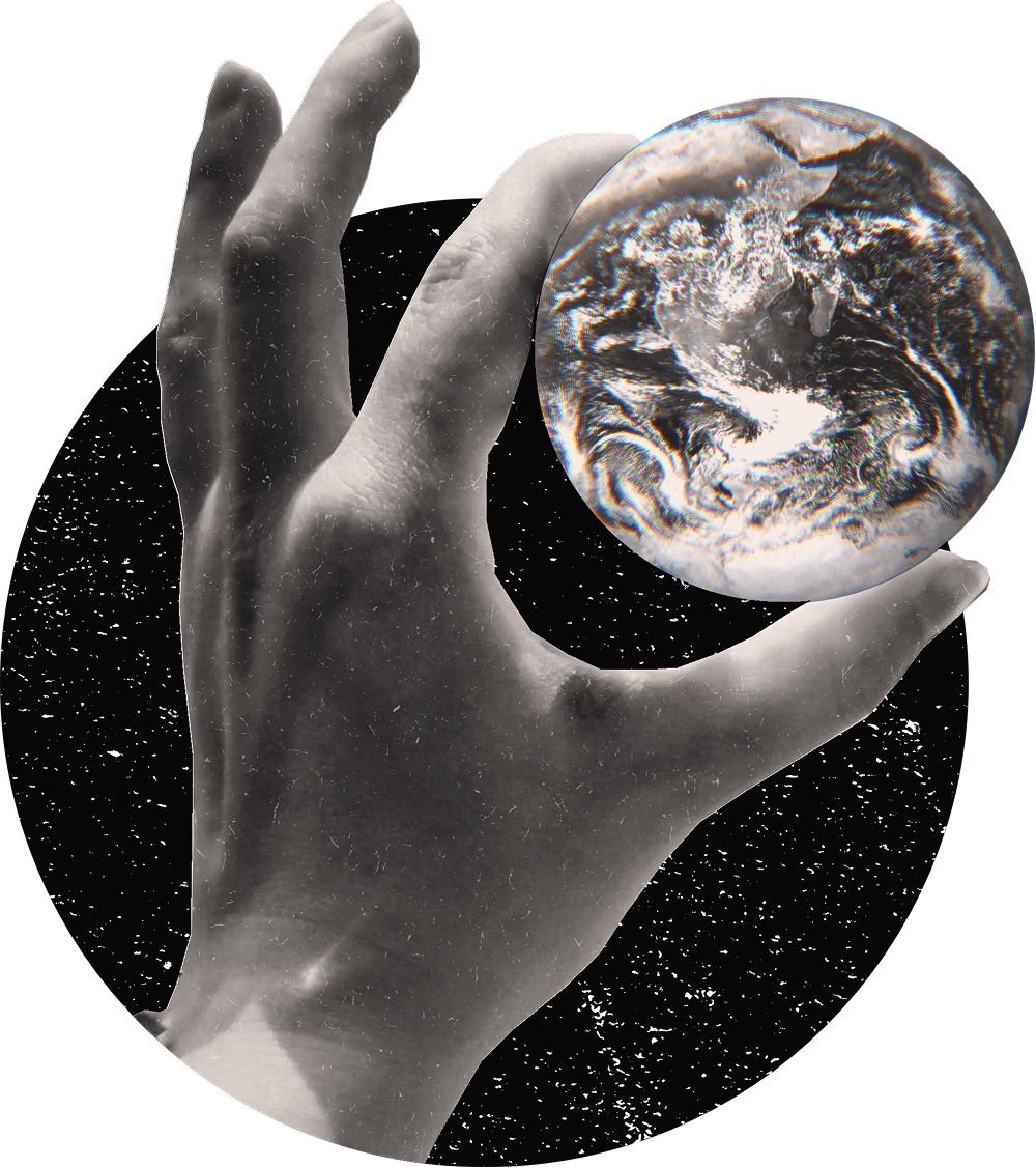 The World A collage of a hand holding a small version of earth on a backdrop of space.