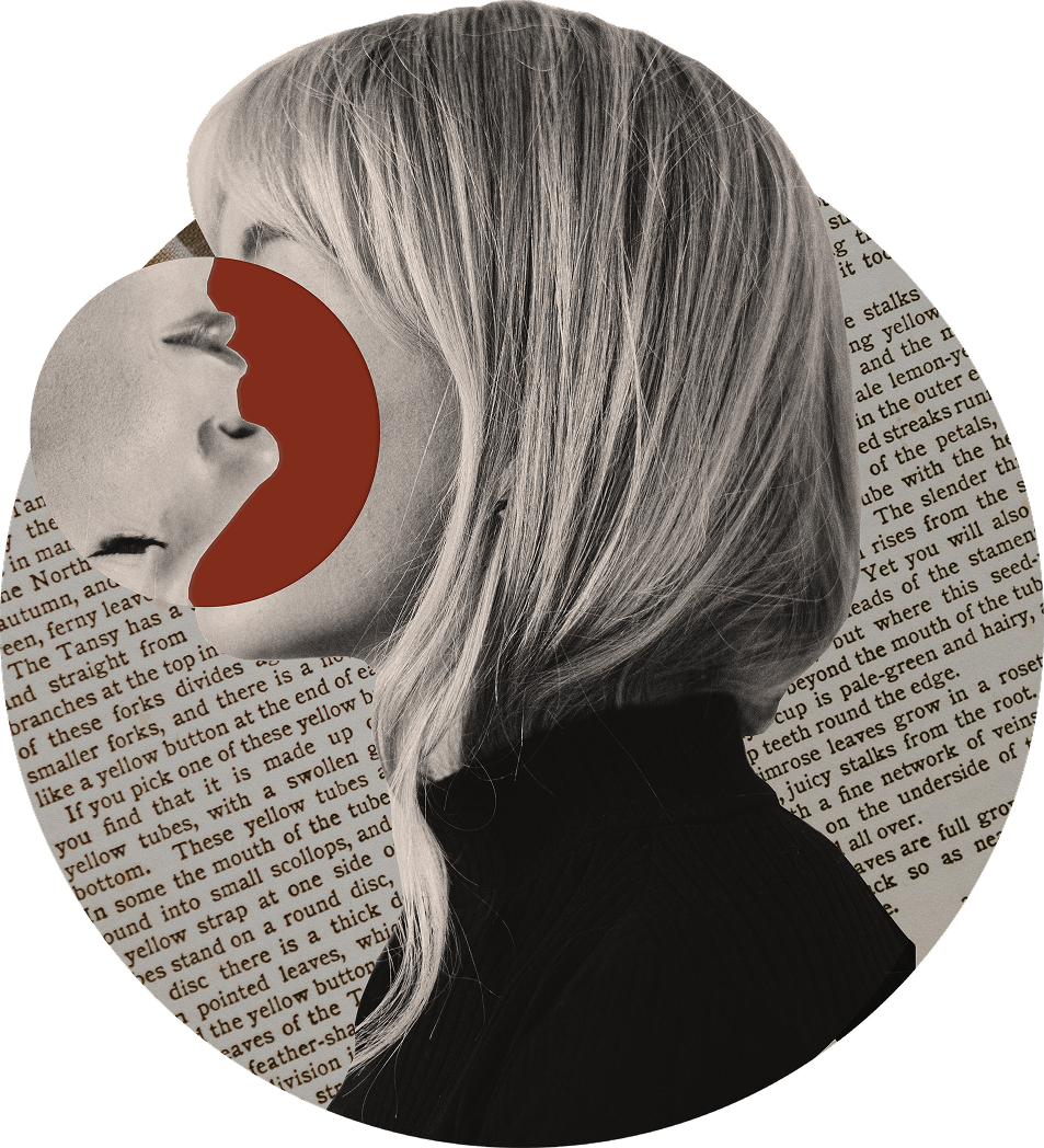 Yourself A collage of a woman with a portion of her face rotated to face inwards on background of typed text.