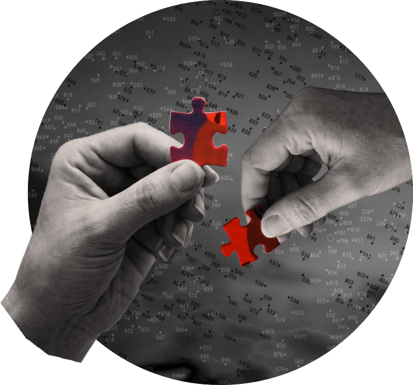 Each other two hands bringing together jigsaw pieces on a background of connect the dots